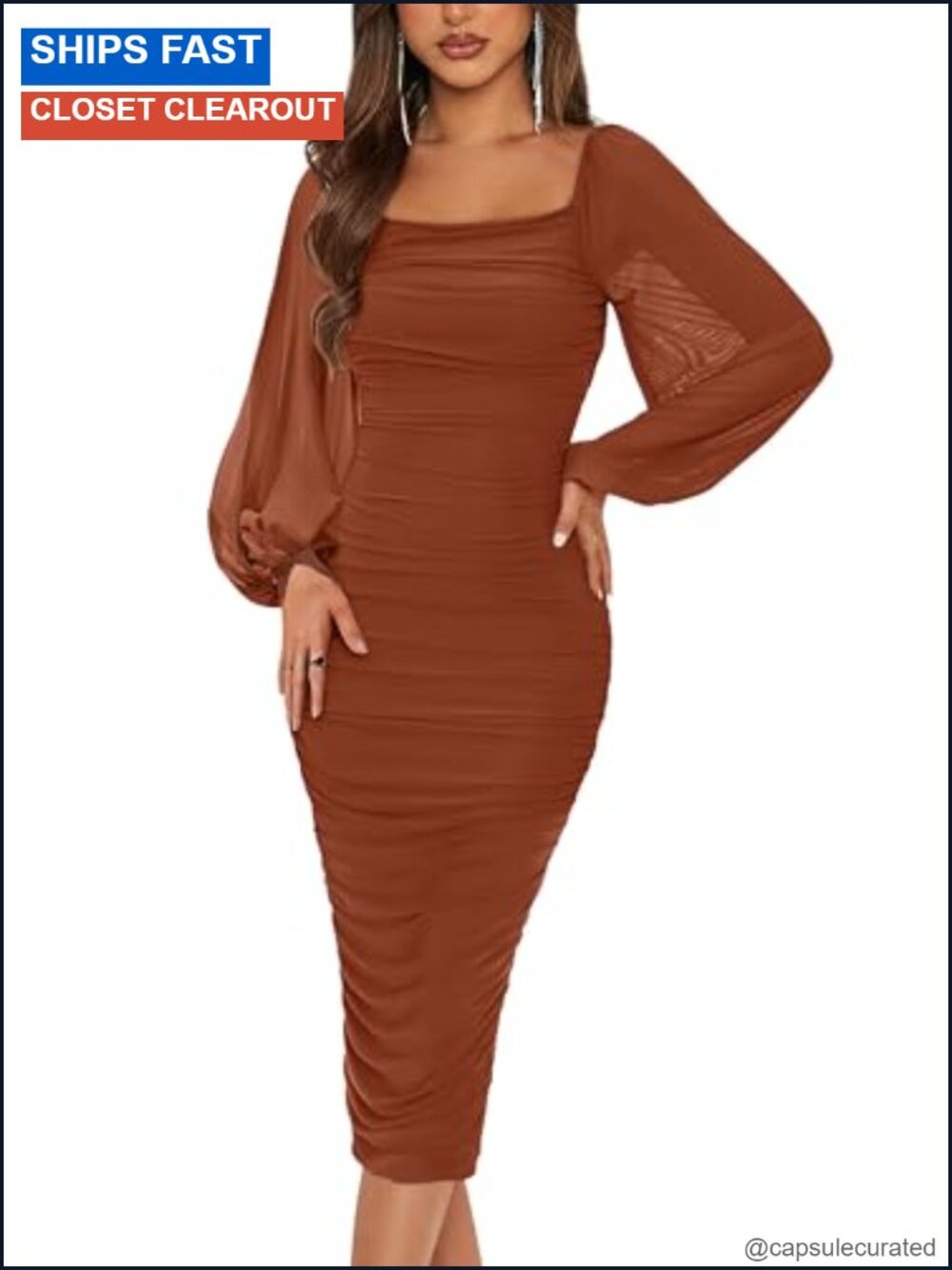 Women's Long Sleeve Ruched Bodycon Midi Dress Square Neck Mesh Party